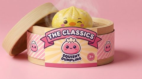 Squishy Dumpling Pingüino Amarillo Mantequilla en su cesta de vapor de bambú