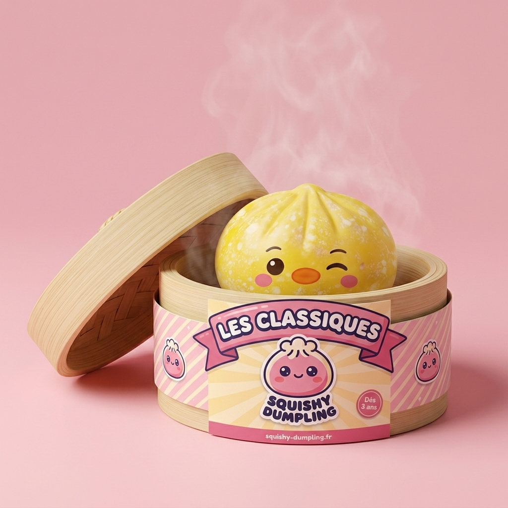 Squishy Dumpling Pingüino Amarillo Mantequilla en su cesta de vapor de bambú