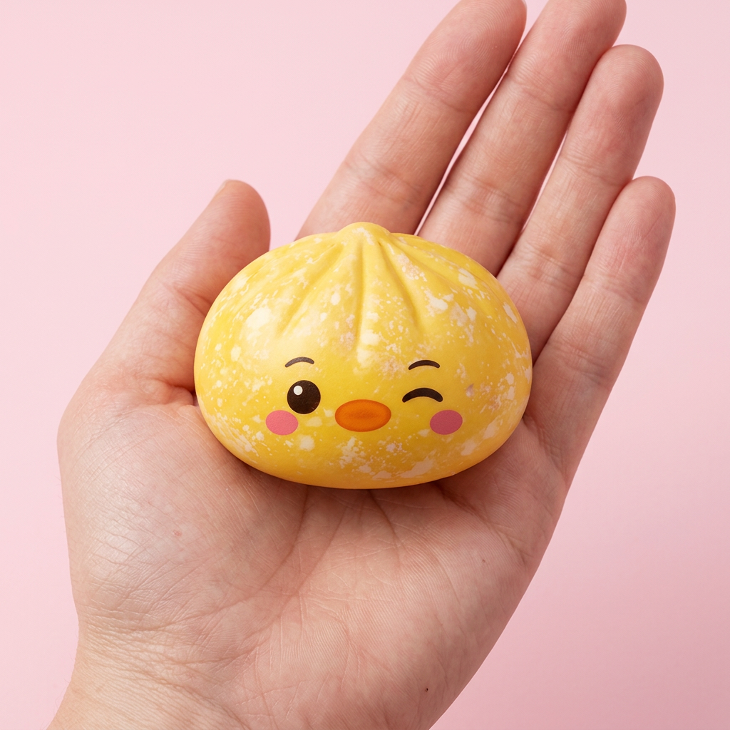 Squishy Dumpling Pingüino Amarillo Mantequilla en la mano, tamaño real