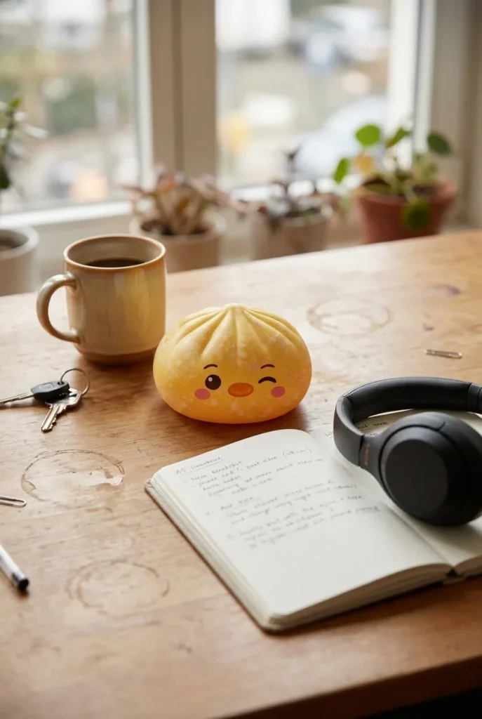 Squishy Dumpling Pingüino Amarillo Mantequilla en un escritorio