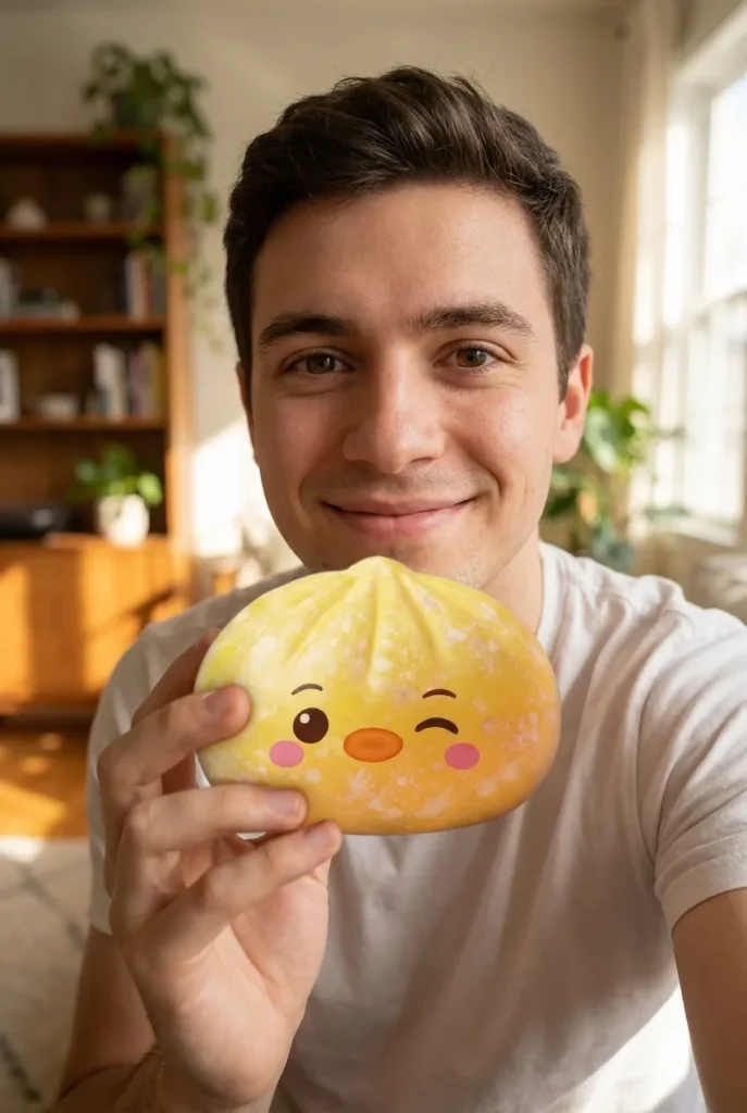 Squishy Dumpling Pingüino Amarillo Mantequilla cerca de la cara