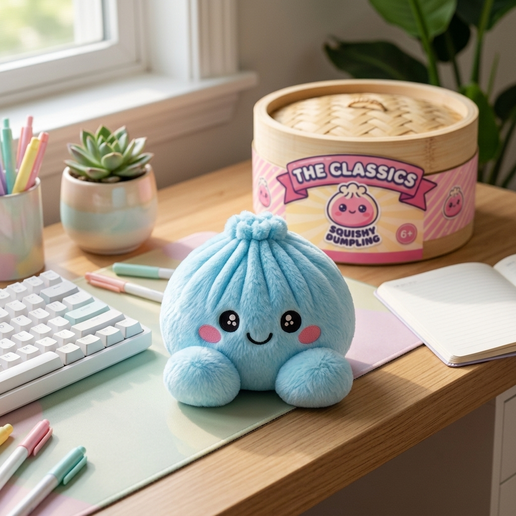 Squishy Dumpling Peluche Azul Cielo en un ambiente de escritorio