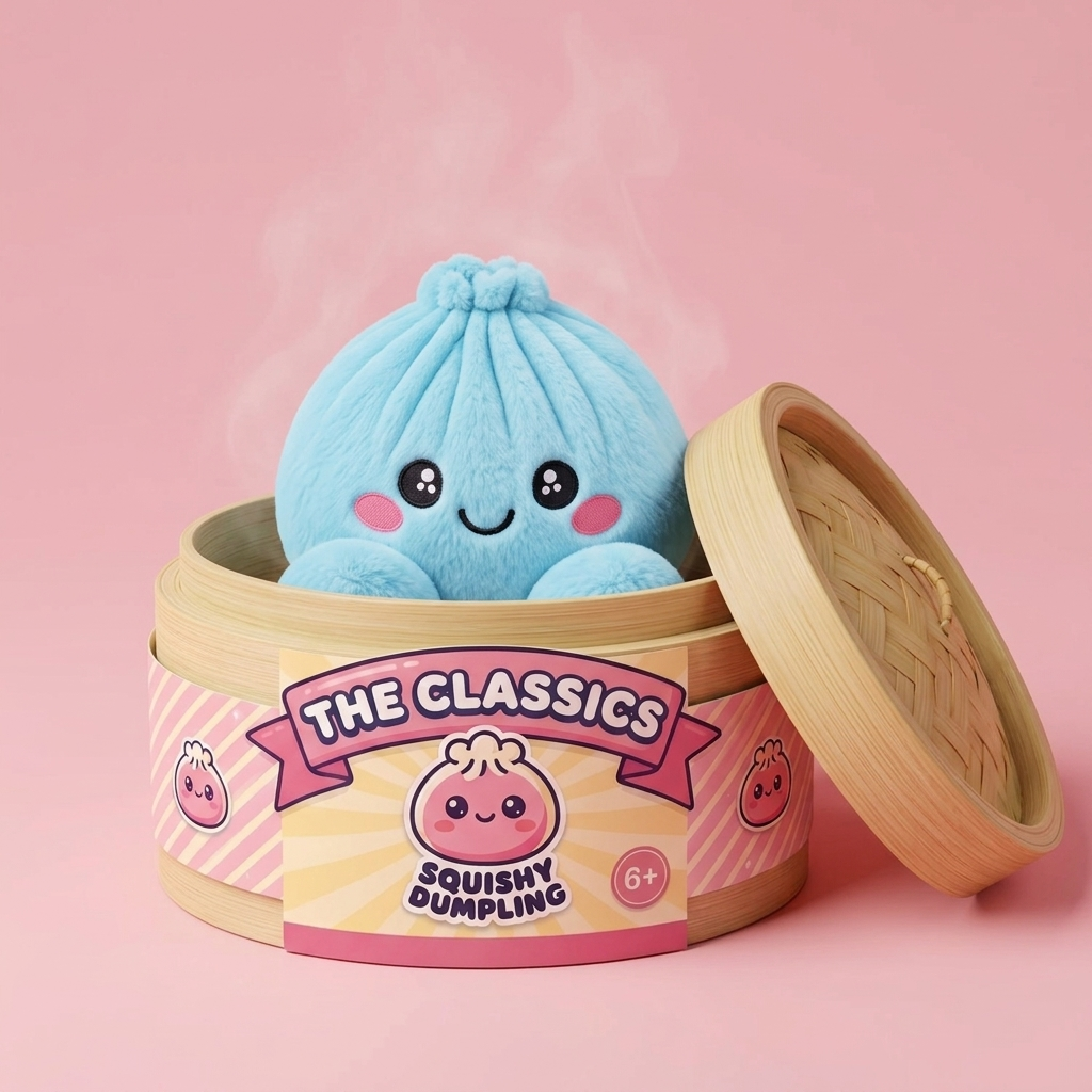 Squishy Dumpling Peluche Azul Cielo en su cesta de vapor de bambú