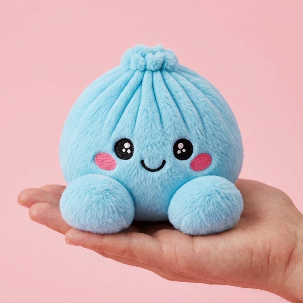 Squishy Dumpling Peluche Azul Cielo en la mano, tamaño real