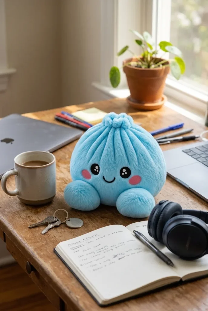 Squishy Dumpling Peluche Azul Cielo en un escritorio