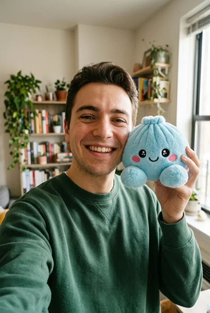 Squishy Dumpling Peluche Azul Cielo cerca de la cara