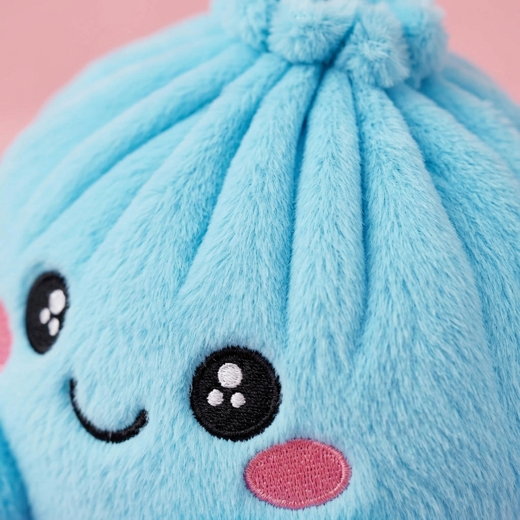 Squishy Dumpling Peluche Azul Cielo — primer plano macro de la textura