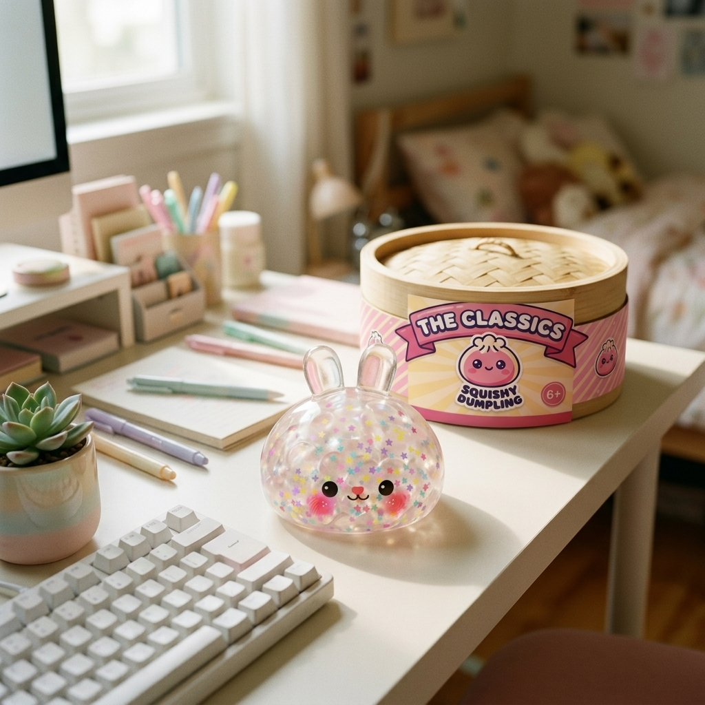 Bunny Dumpling Squishy Burbuja en un ambiente de escritorio