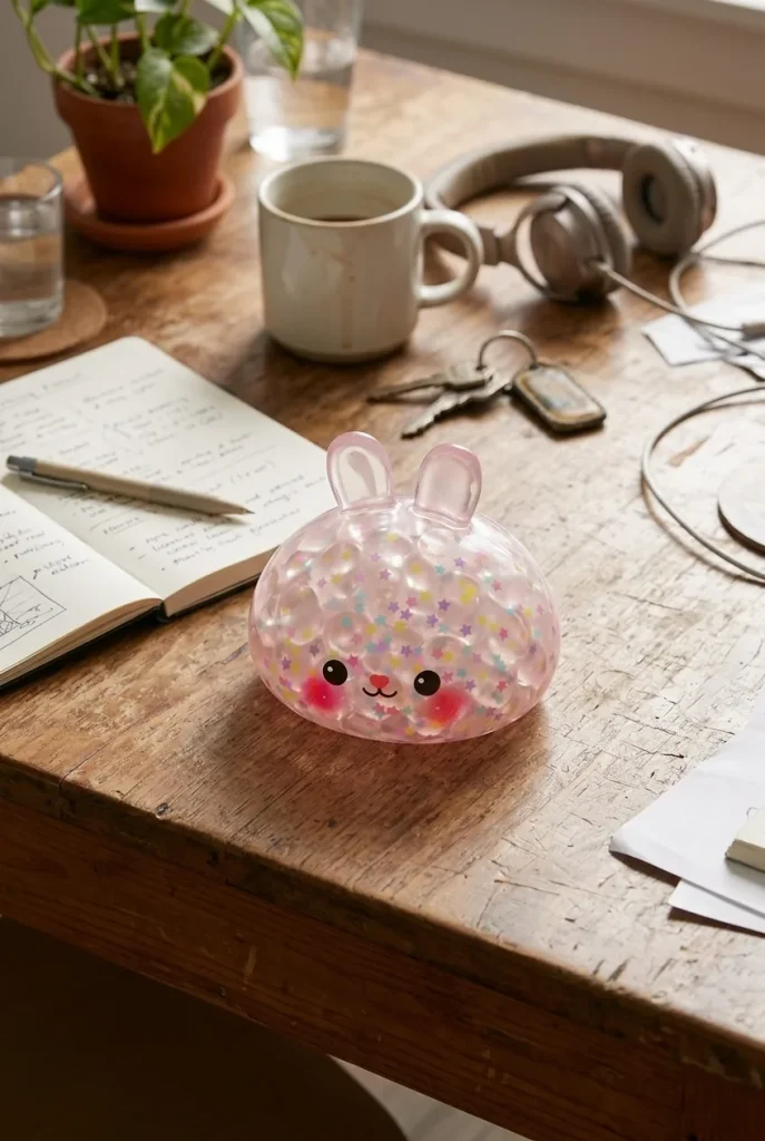 Bunny Dumpling Squishy Burbuja en un escritorio