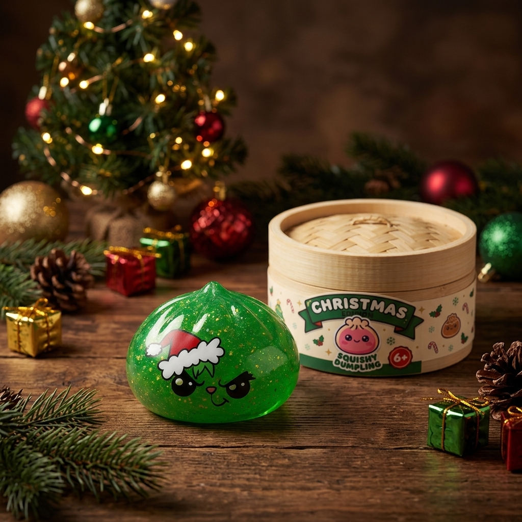 Grumpy Dumpling Squishy Navideño Verde Glitter en un ambiente de escritorio