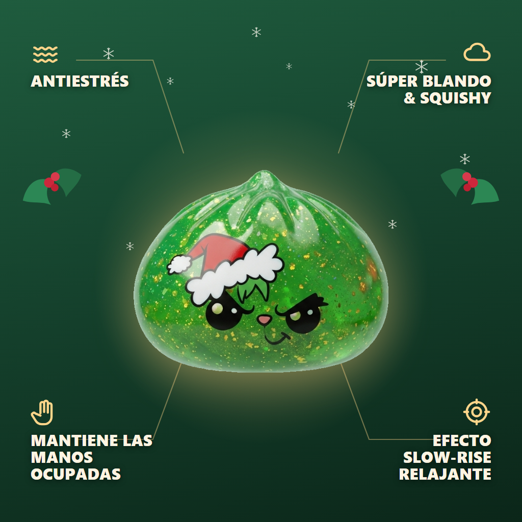 Grumpy Dumpling Squishy Navideño Verde Glitter — antiestrés, ultra blando, efecto slow-rise