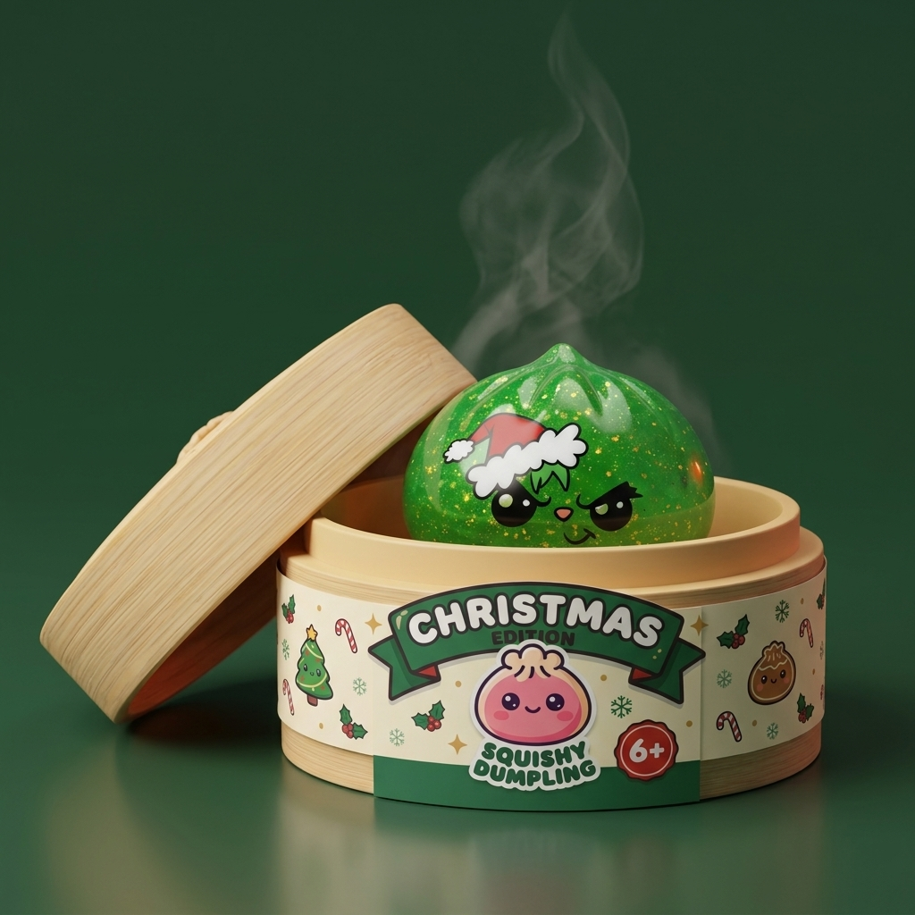 Grumpy Dumpling Squishy Navideño Verde Glitter en su cesta de vapor de bambú