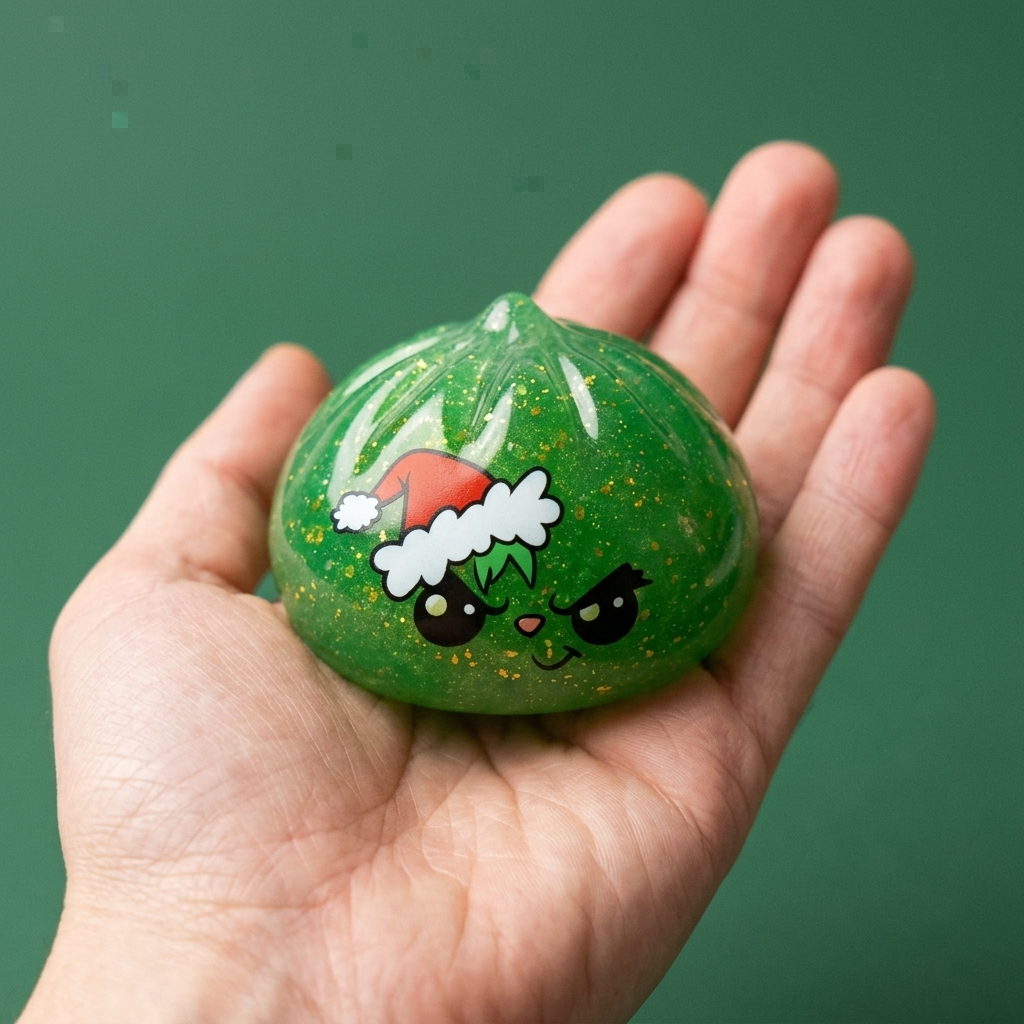 Grumpy Dumpling Squishy Navideño Verde Glitter en la mano, tamaño real