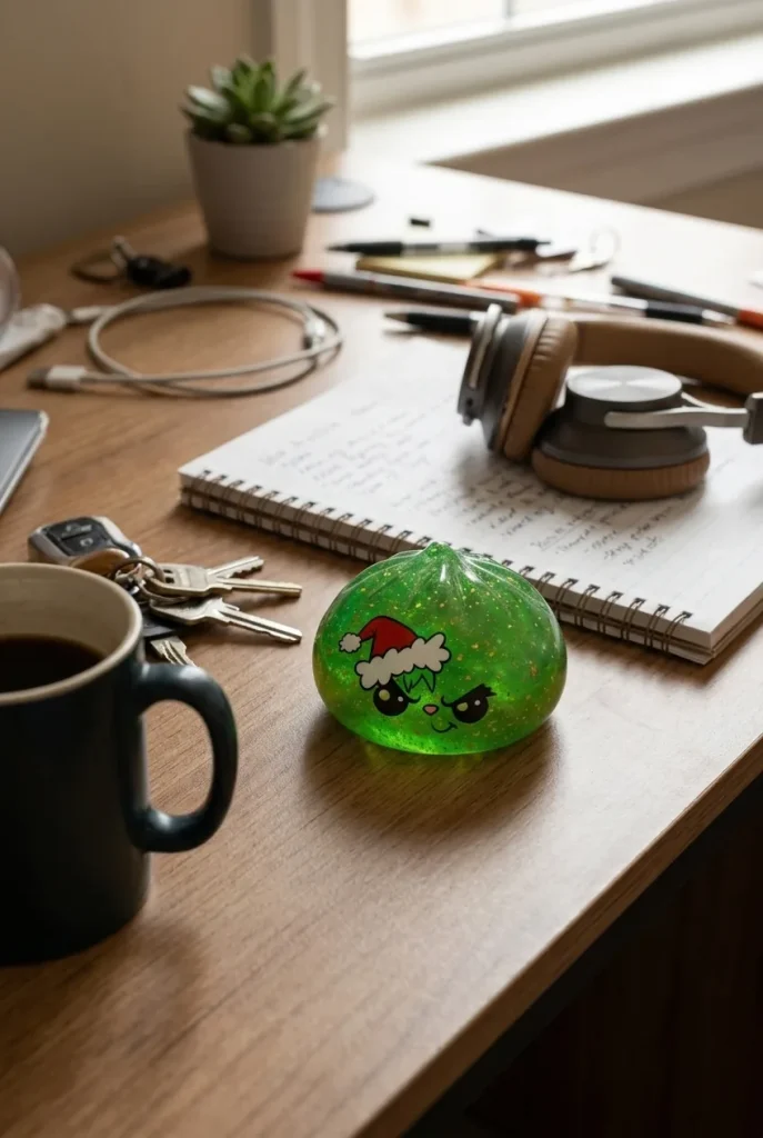 Grumpy Dumpling Squishy Navideño Verde Glitter en un escritorio