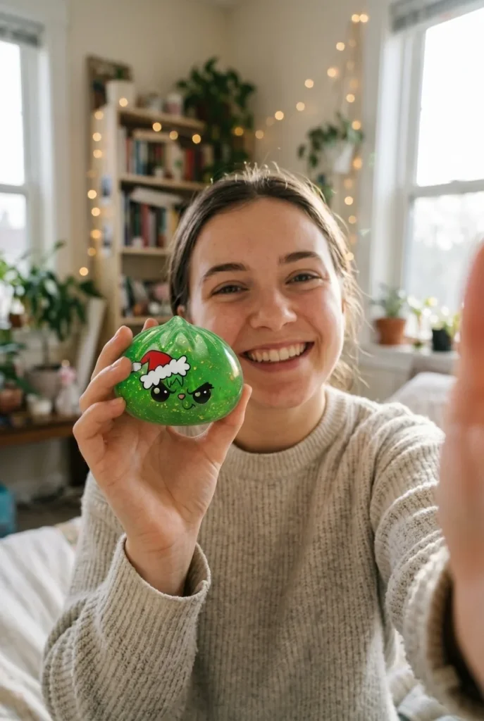 Grumpy Dumpling Squishy Navideño Verde Glitter cerca de la cara