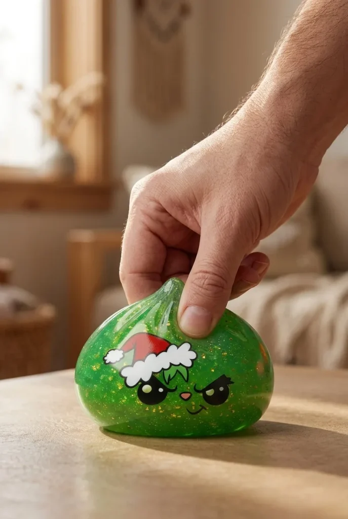 Grumpy Dumpling Squishy Navideño Verde Glitter apretado entre los dedos