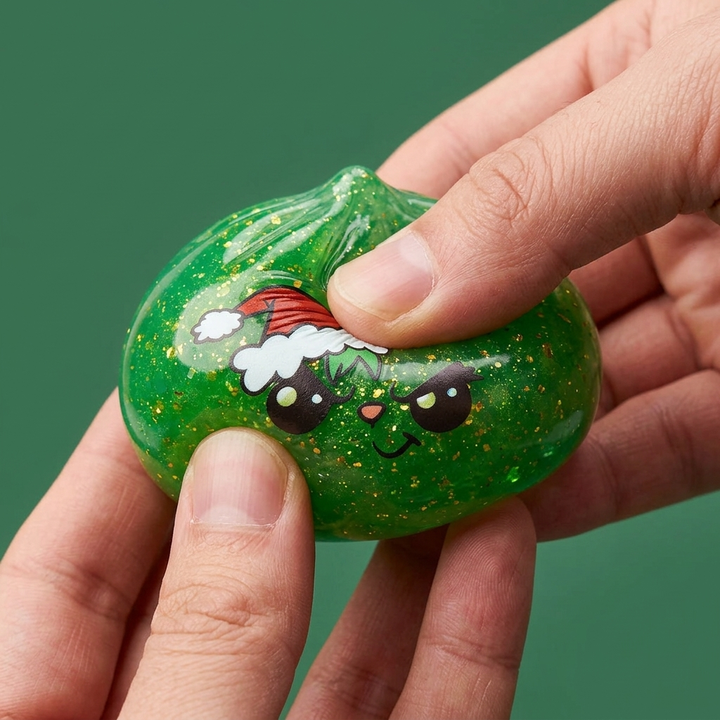 Grumpy Dumpling Squishy Navideño Verde Glitter — efecto slow-rise, la espuma recupera su forma