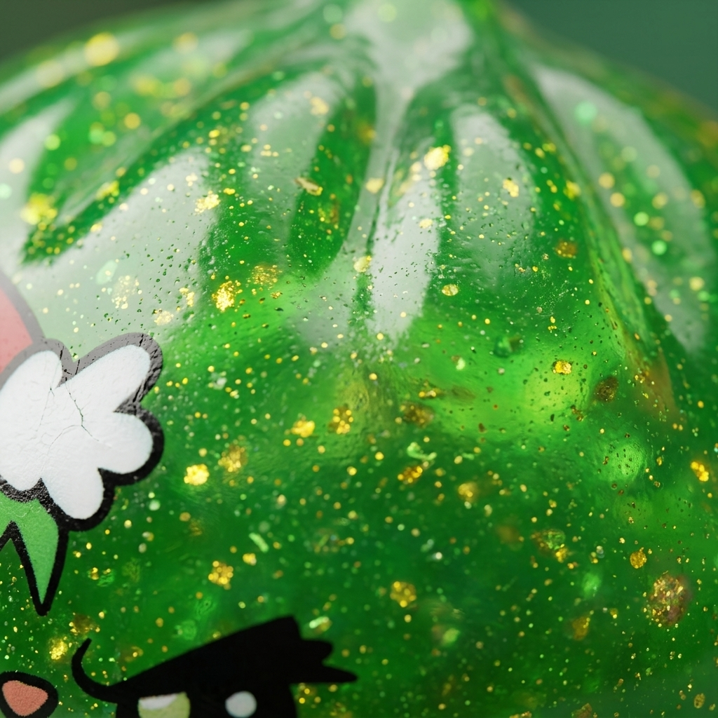 Grumpy Dumpling Squishy Navideño Verde Glitter — primer plano macro de la textura