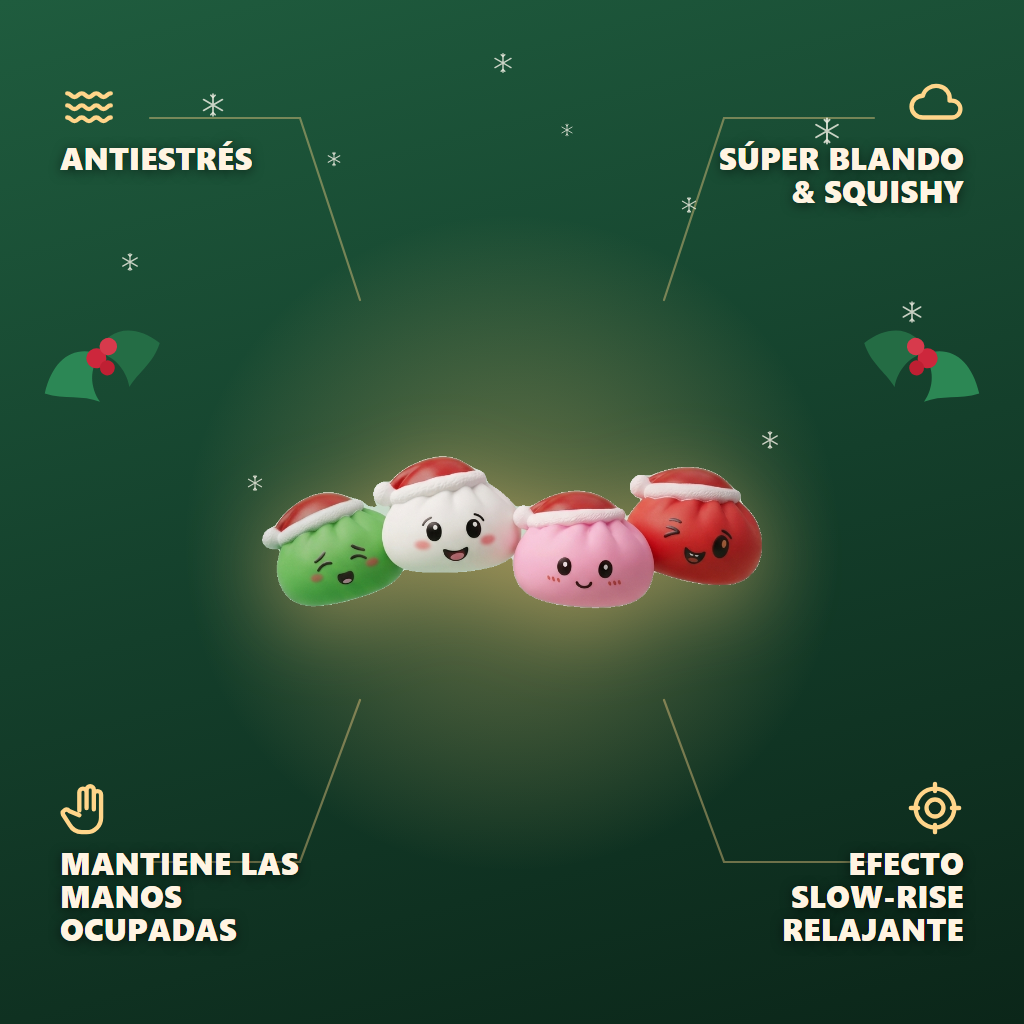 Dumpling Squishy Gorro de Navidad Set de 4 — antiestrés, ultra blando, efecto slow-rise