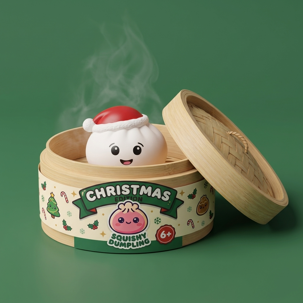 Dumpling Squishy Gorro de Navidad Set de 4 en su cesta de vapor de bambú