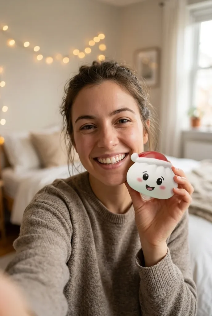 Dumpling Squishy Gorro de Navidad Set de 4 cerca de la cara
