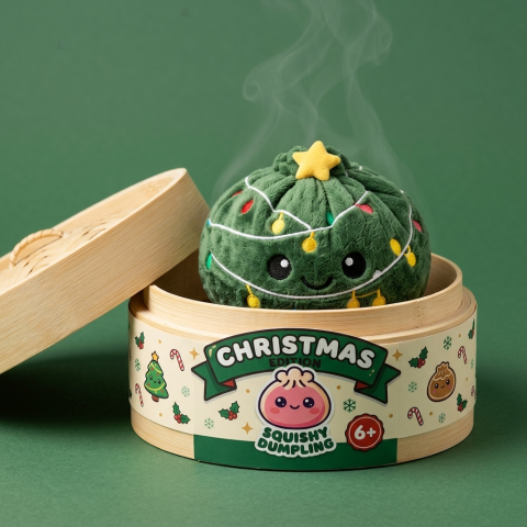 Christmas Tree Dumpling Squishy Brillante en su cesta de vapor de bambú