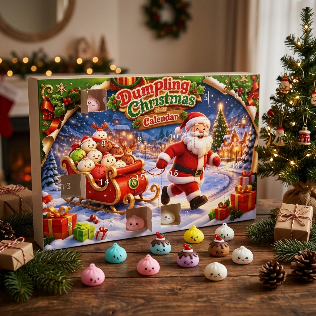 Dumpling Squishy Calendario de Adviento Trineo Papá Noel en un ambiente de escritorio