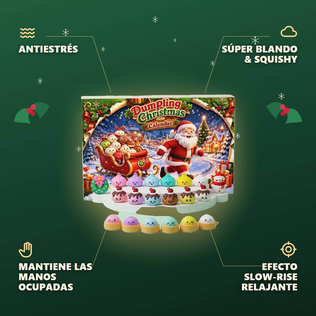 Dumpling Squishy Calendario de Adviento Trineo Papá Noel — antiestrés, ultra blando, efecto slow-rise