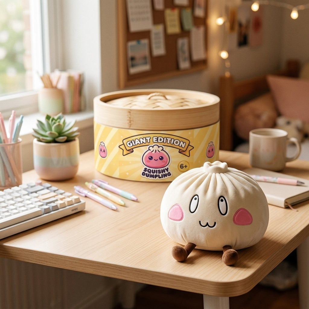 Giant Dumpling Squishy Cara Feliz en un ambiente de escritorio