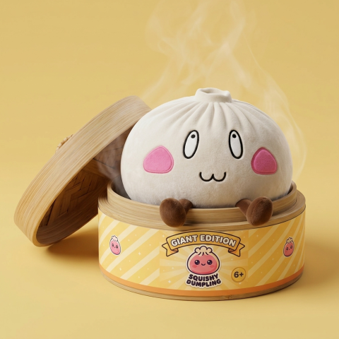 Giant Dumpling Squishy Cara Feliz en su cesta de vapor de bambú