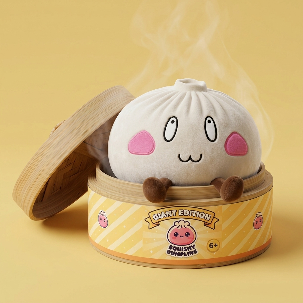 Giant Dumpling Squishy Cara Feliz en su cesta de vapor de bambú