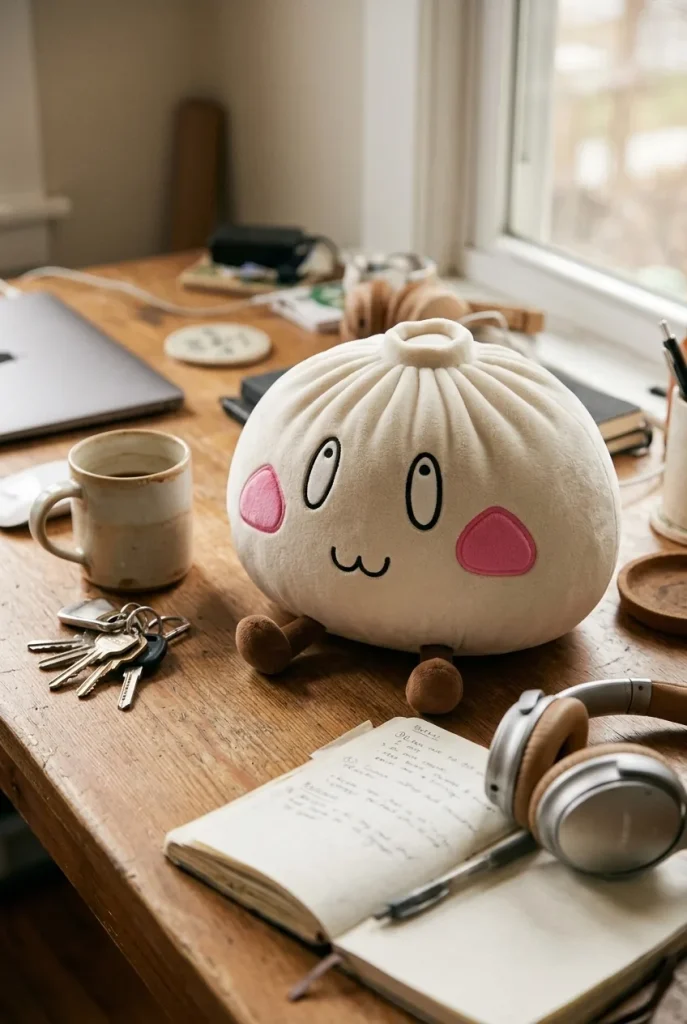 Giant Dumpling Squishy Cara Feliz en un escritorio
