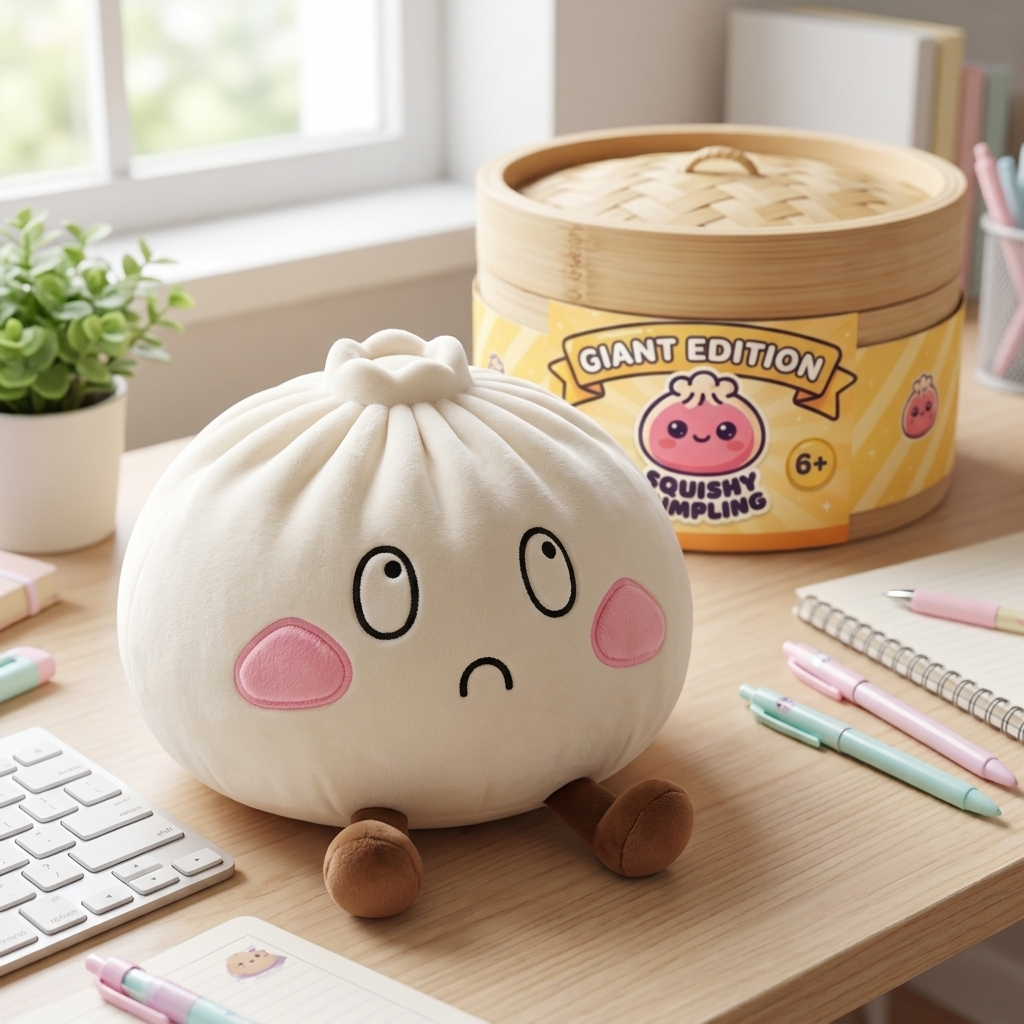Dumpling Squishy Gigante Triste en un ambiente de escritorio
