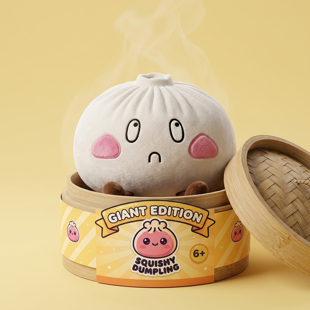 Dumpling Squishy Gigante Triste en su cesta de vapor de bambú
