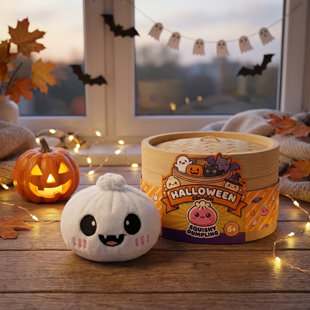 Dumpling Squishy Fantasma Halloween Luna en un ambiente de escritorio