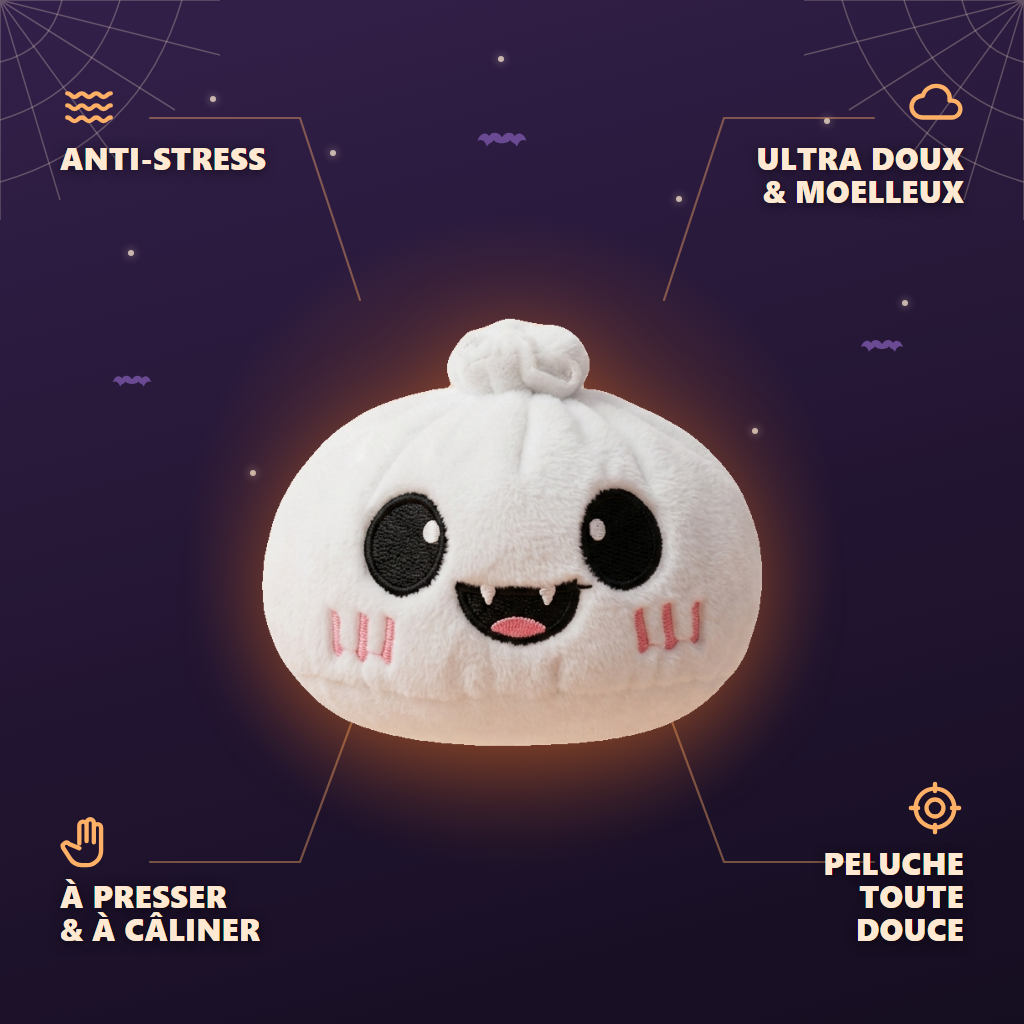 Dumpling Squishy Fantasma Halloween Luna — antiestrés, ultra blando, efecto slow-rise