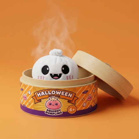 Dumpling Squishy Fantasma Halloween Luna en su cesta de vapor de bambú