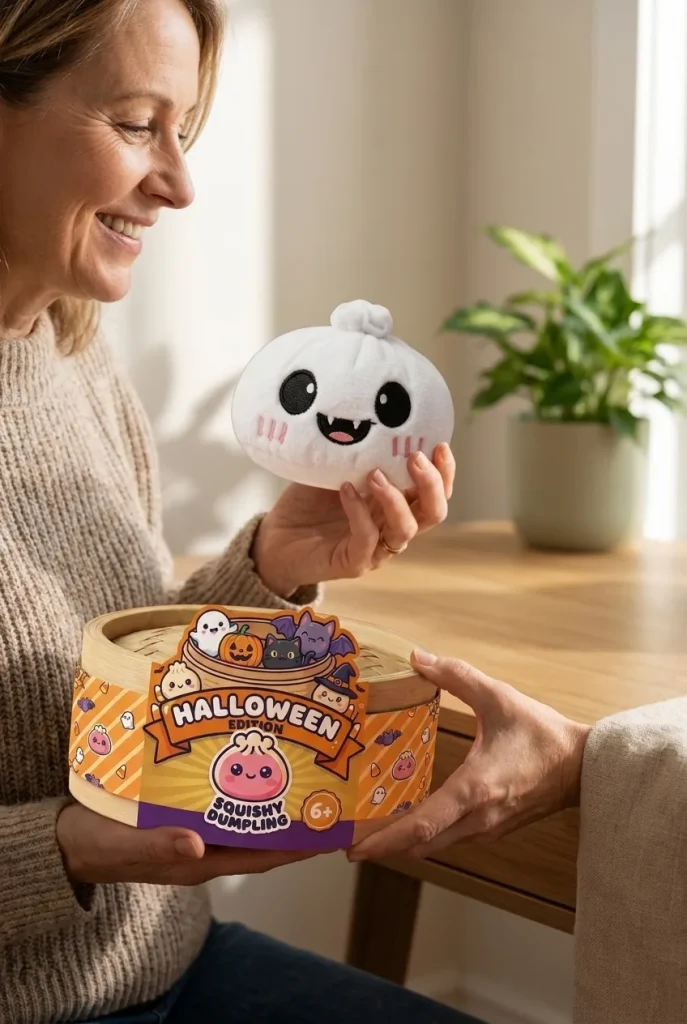Dumpling Squishy Fantasma Halloween Luna con su cesta de vapor de bambú