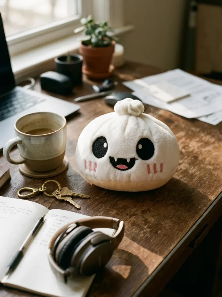Dumpling Squishy Fantasma Halloween Luna en un escritorio