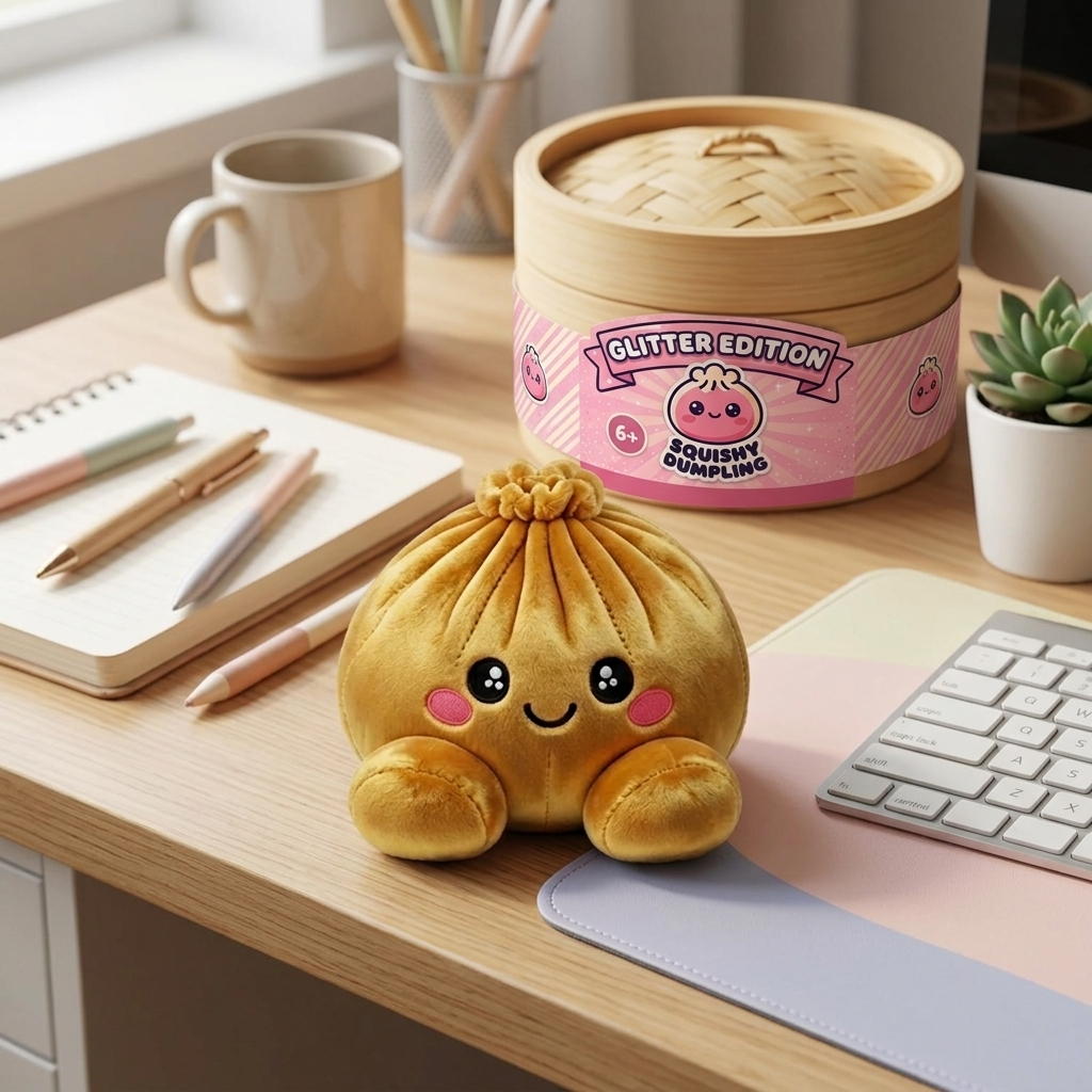 Squishy Dumpling Oro Real en un ambiente de escritorio