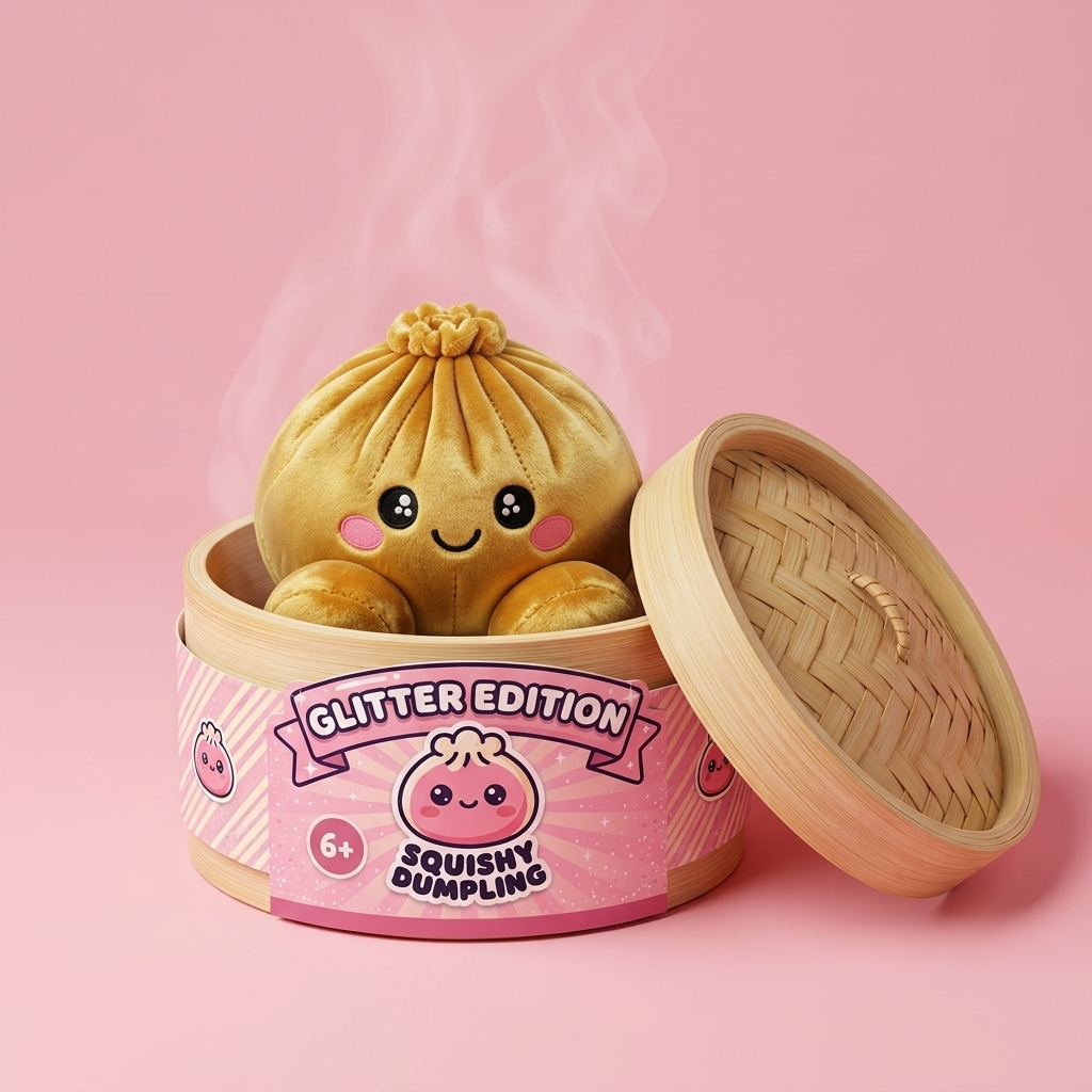 Squishy Dumpling Oro Real en su cesta de vapor de bambú