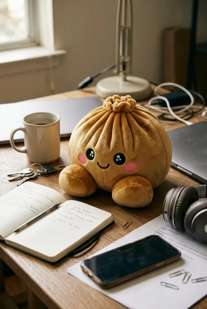 Squishy Dumpling Oro Real en un escritorio