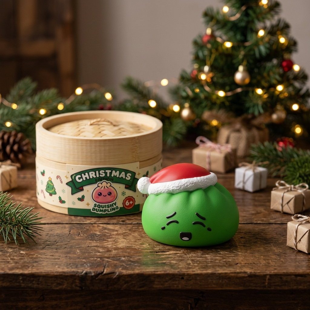 Dumpling Squishy Christmas Hat Elfo Verde en un ambiente de escritorio