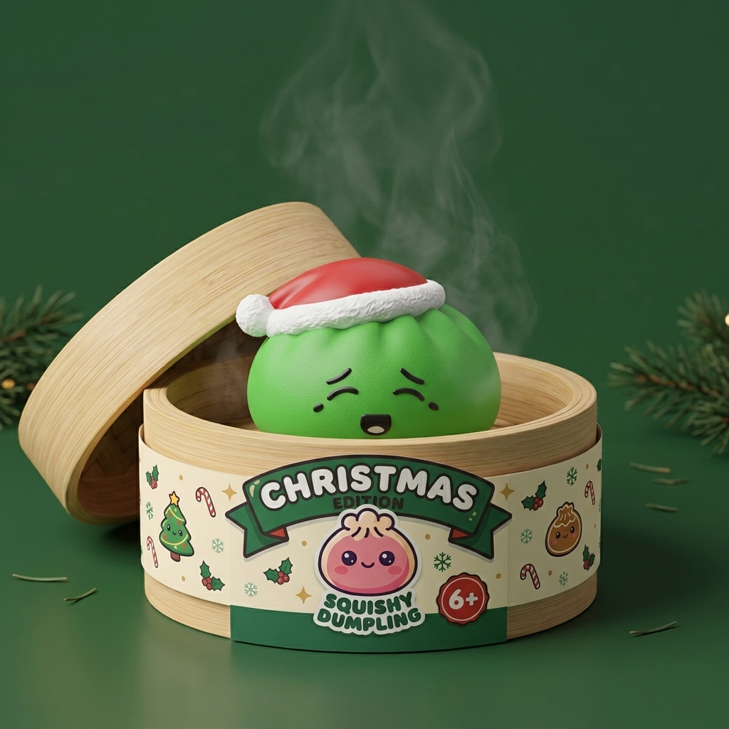 Dumpling Squishy Christmas Hat Elfo Verde en su cesta de vapor de bambú