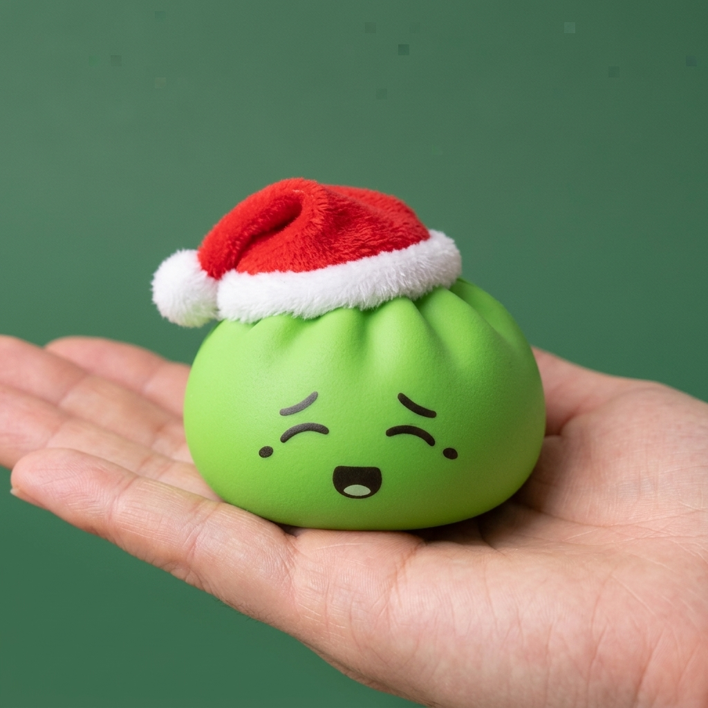 Dumpling Squishy Christmas Hat Elfo Verde en la mano, tamaño real