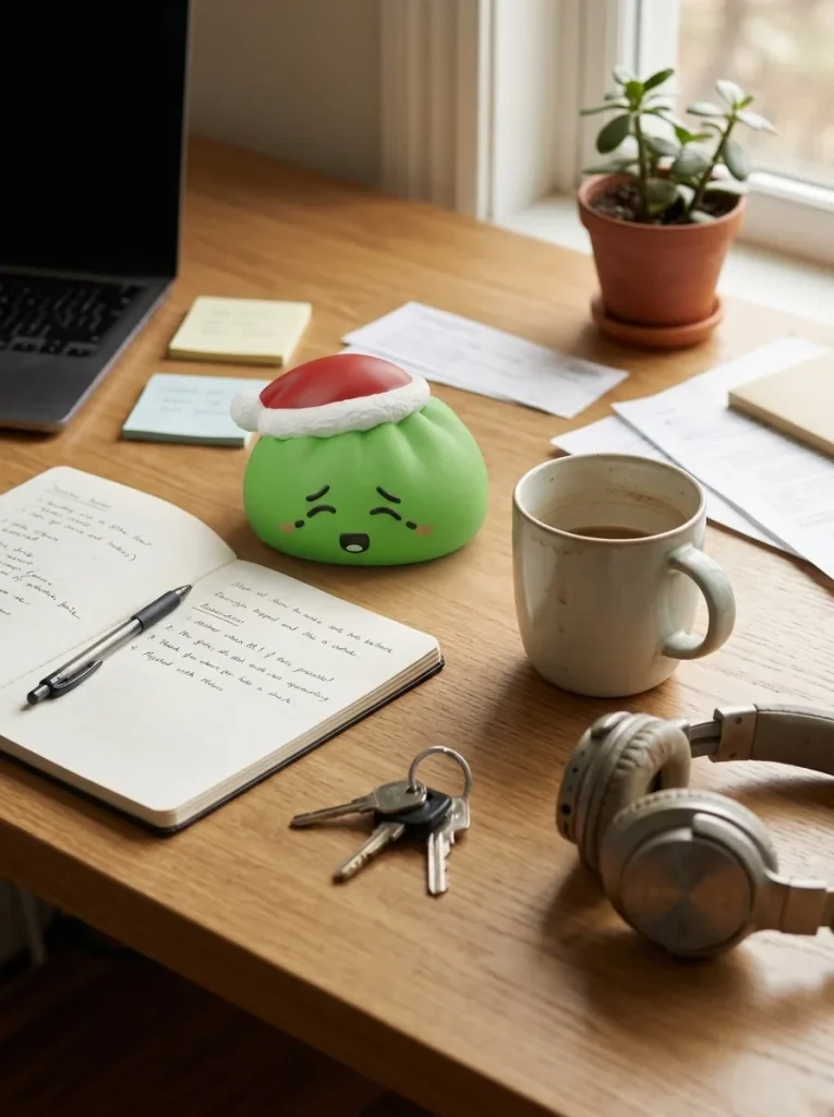 Dumpling Squishy Christmas Hat Elfo Verde en un escritorio
