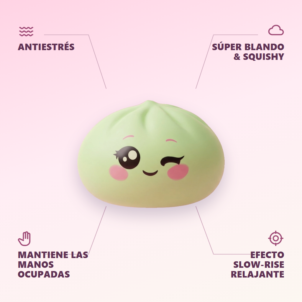 Dumpling Squishy Verde Pistacho Guiño — antiestrés, ultra blando, efecto slow-rise