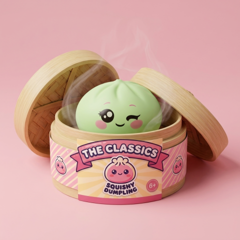 Dumpling Squishy Verde Pistacho Guiño en su cesta de vapor de bambú