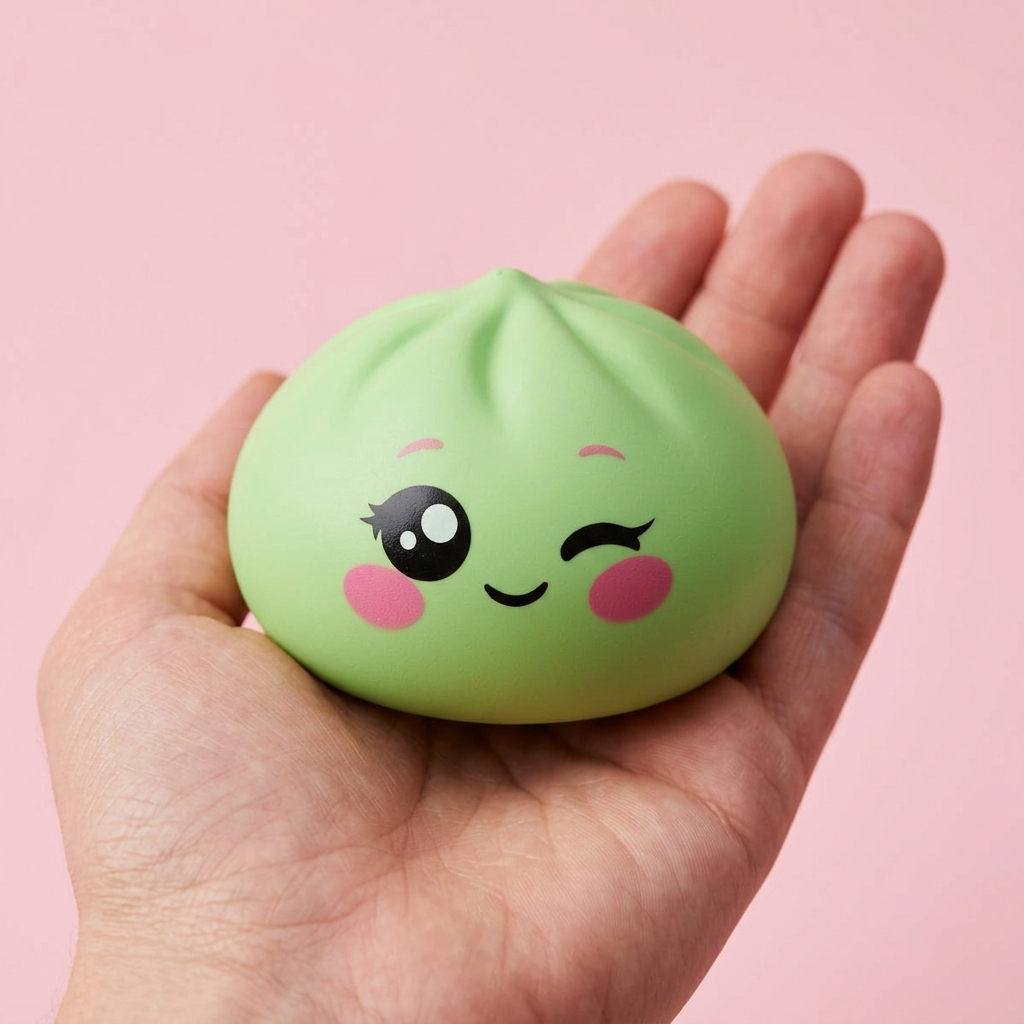 Dumpling Squishy Verde Pistacho Guiño en la mano, tamaño real