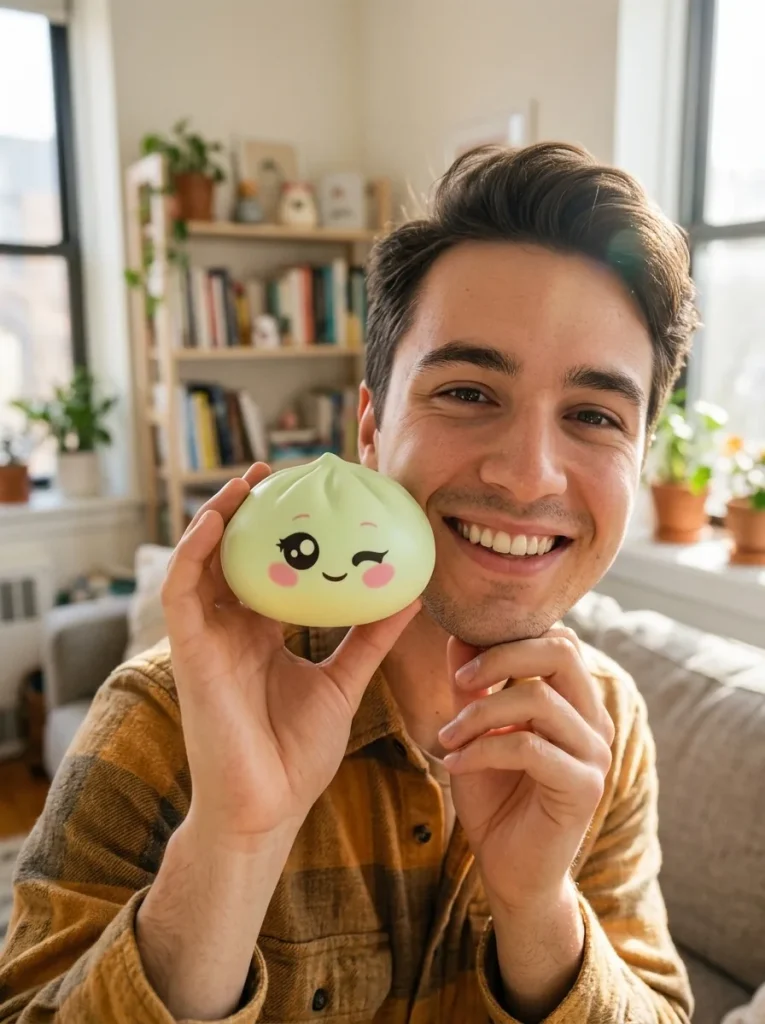 Dumpling Squishy Verde Pistacho Guiño cerca de la cara